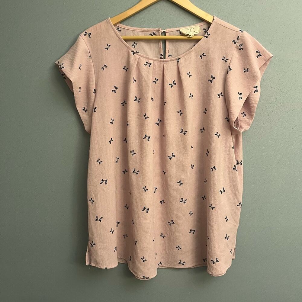 Flower and Fearher Pink Floral Women's Blouse with blue bows